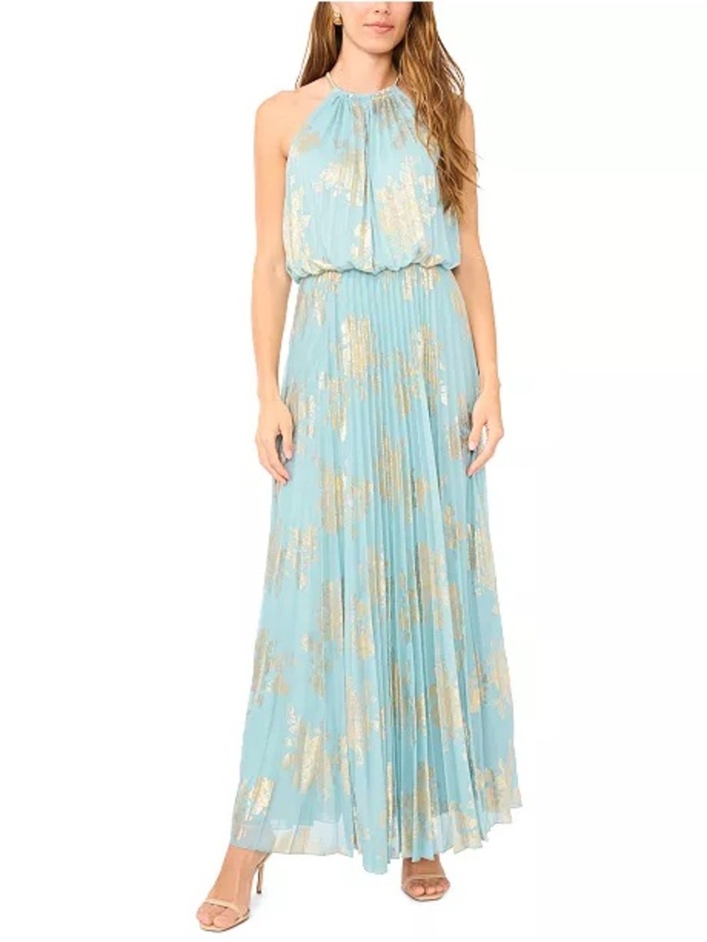 XSCAPE Aqua & Gold Metallic Maxi Dress Pleated Halter Neck Formal Size 14